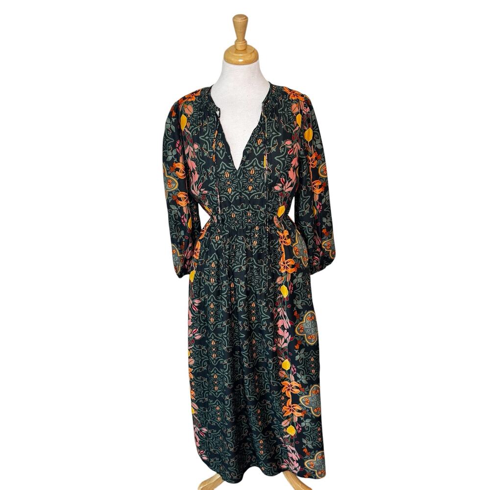 CELINA MOON Ballon Sleeve Floral Patterned Midi Dress Green Size SMALL NWT